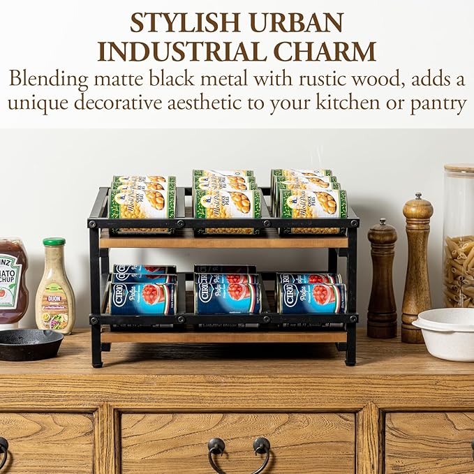 MyGift 2-Tier Can Holder for Pantry, Canned Goods Organizer, Countertop Soup Can Storage Dispenser Rack, Holds 10 to 15 oz Can Sizes, Urban Industrial Matte Black Metal and Rustic Burnt Solid Wood