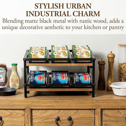 MyGift 2-Tier Can Holder for Pantry, Canned Goods Organizer, Countertop Soup Can Storage Dispenser Rack, Holds 10 to 15 oz Can Sizes, Urban Industrial Matte Black Metal and Rustic Burnt Solid Wood