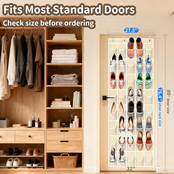 Over the Door Shoe Organizer with 40 Large Pockets, Multi-Purpose Storage for Shoe and Accessories, Durable Fabric with Adjustable Hooks for Home Closet Bedroom Entryway -Beige