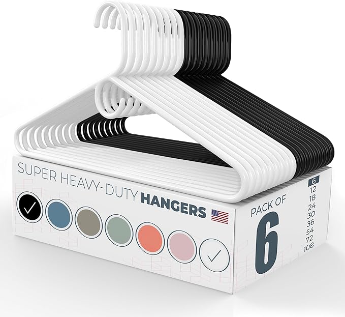 Super Heavy Duty Clothes Hangers 6 Pack – Made in the USA - 10lb Capacity, Thick Plastic Hangers for Pants, Coats, Jackets, Jeans and Adult Clothing – White & Black