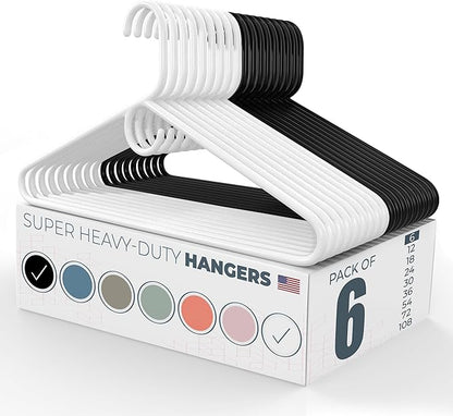 Super Heavy Duty Clothes Hangers 6 Pack – Made in the USA - 10lb Capacity, Thick Plastic Hangers for Pants, Coats, Jackets, Jeans and Adult Clothing – White & Black