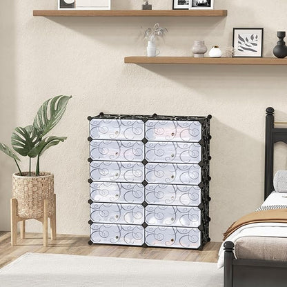 COSTWAY Shoe Rack Organizer, 6 Tier Shoe Shelves with Covers, DIY Design, 24-Pair Stackable Cube Organizer Boxes, Freestanding Shoe Cabinet for Entryway Bedroom Closet Hallway (Black)