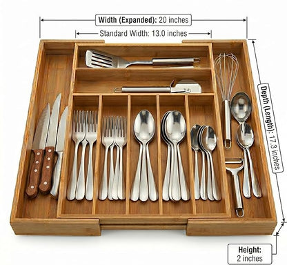 Expandable Bamboo Silverware Drawer Organizer - 20" Extra Wide Cutlery Tray with 9 Deep Compartments - 17.3" Length Large Utensil Holder & Kitchen Drawer Divider (Natural)