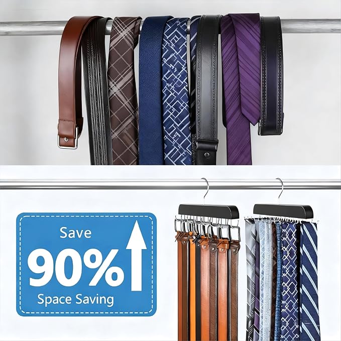2 Packs Tie Rack & Belt Hanger 2 in 1 Hanger for Closet Organizer Max 42 Belts with 60 Ties Capacity Durable Wooden Tie and Belt Collection Organizer U for Belt and 一 for Tie Racks (Black)