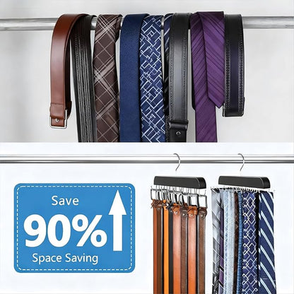 2 Packs Tie Rack & Belt Hanger 2 in 1 Hanger for Closet Organizer Max 42 Belts with 60 Ties Capacity Durable Wooden Tie and Belt Collection Organizer U for Belt and 一 for Tie Racks (Black)
