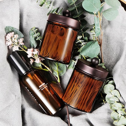 Amber Glass Qtip Holder, Apothecary Jars with brown Metal Lid & Stickers-Bathroom Qtip Dispenser Storage Organizer Set,Vanity Counter Canister for Cotton Swabs,Round Pads,Floss (3 Pack,bronze)