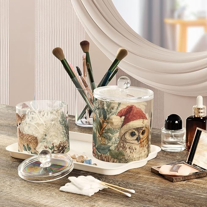 2 Pack Qtip Dispenser Apothecary Jars with Lids Cotton Round Holder Bathroom Canisters for Cotton Swab Floss Ball Pads Clear Plastic Decorative Beige Christmas Owl Deer Pinecorns