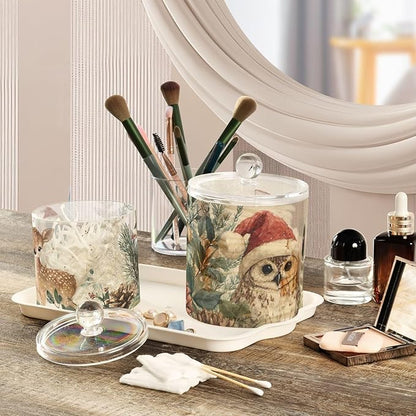 2 Pack Qtip Dispenser Apothecary Jars with Lids Cotton Round Holder Bathroom Canisters for Cotton Swab Floss Ball Pads Clear Plastic Decorative Beige Christmas Owl Deer Pinecorns