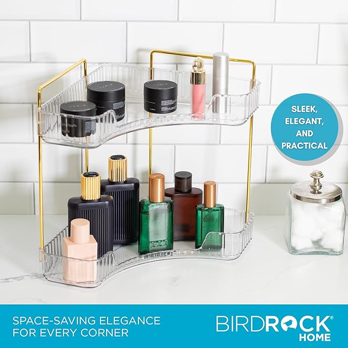 BIRDROCK HOME 2-Tier Corner Cosmetic Organizer - Clear Shelves with Gold Hardware, Easy Assembly, Durable Design for Makeup, Perfumes, and Self-Care Products