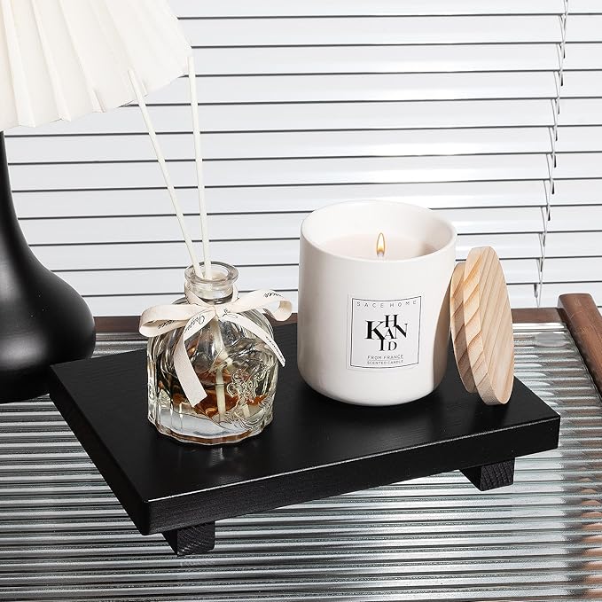 Bathroom Counter Organizer Wood Pedestal Stand Farmhouse Decorative Tray Soap Holder for Kitchen Decor, 9" x 6" - Black