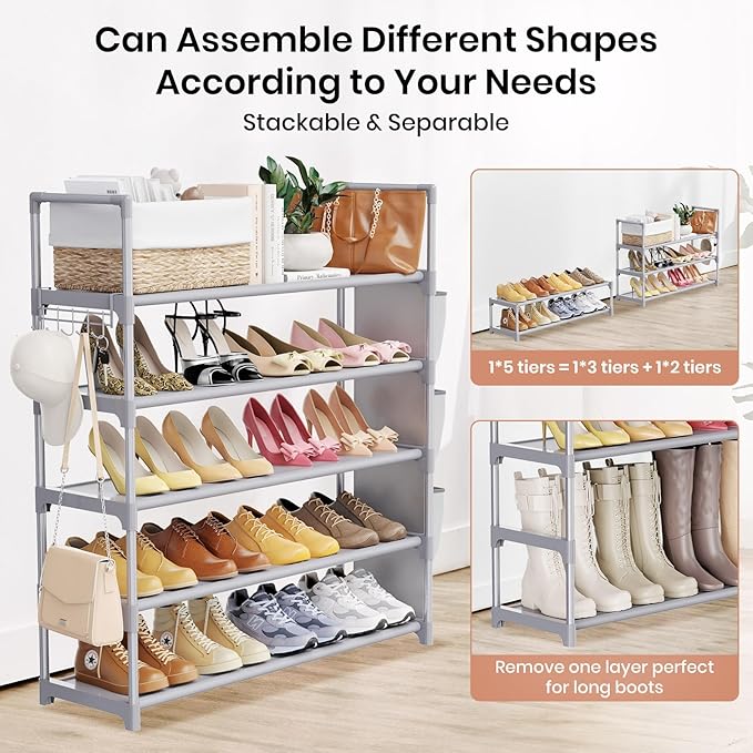 VILICK Shoe Rack for Closet Shoe Organizer Space Saver Storage for 20-25 Pair Shoe Shelf with Hook and Side Pocket Free Standing 5 Tier Shoe Rack Organizer for Entryway,Small Spaces, Grey