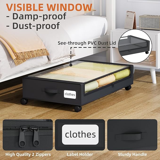 Somdot Under Bed Storage with Wheels, 2 Pack Bed Storage Containers with Dividers & Clear Lids, Easy Pull-out Metal Drawer for Clothes, Shoes,Toys, Blankets (Black)