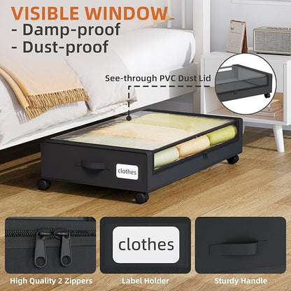 Somdot Under Bed Storage with Wheels, 2 Pack Bed Storage Containers with Dividers & Clear Lids, Easy Pull-out Metal Drawer for Clothes, Shoes,Toys, Blankets (Black)