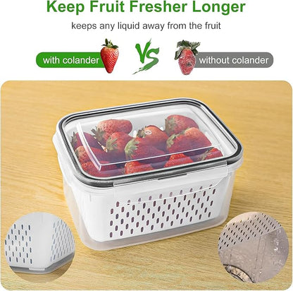Freshmage Fruit Storage Containers for Fridge with Removable Colander, Airtight Food Storage Container, Dishwasher Safe Produce Saver for Refrigerator, Keep Berry Fruit Fresh Longer 4 pcs Small Clear