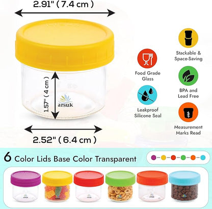 ARSUK 4 OZ Small Glass Containers with Lids (12 Pack) - Mini Glass Jars for Salad Dressing, To-Go Travel, Sauces, Spices, and Meal Prep - Reusable, Airtight, Leakproof, Microwavable and Freezer Safe