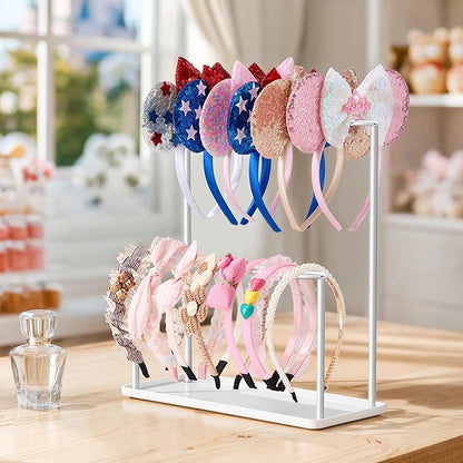 Headband Holder Organizer Metal 2-Tier with Tray: Hair Accessories Display Stand Storage Hairband Rack Necklace Stand Home Bedroom for Girls Women, White