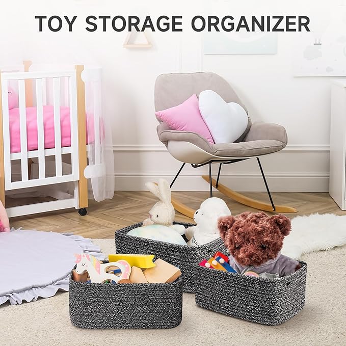 3-Pack Shelf Baskets for Organizing, Closet Organizer Bins, Small Woven Baskets, Rope Toy Basket, Storage Basket for Shelves, Cube Decorative Box, 11.8×7.8×5.1”, Mixed Black
