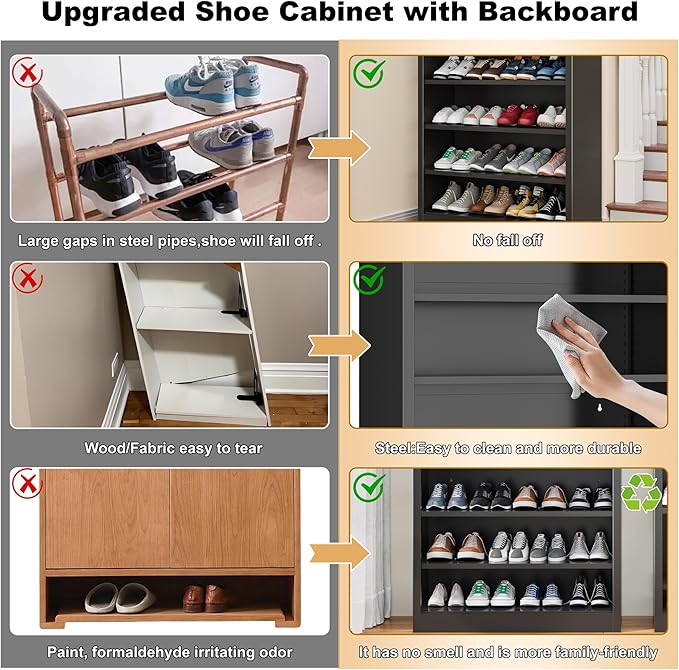 OSEILLC 7-Tier Heavy Duty Storage Shoe Rack,Large Sturdy Shoe Cabinet,Adjustable Shelving Unit with Back Panel for Home, Office & Garage Use - 55" Tall Metal Organizer (Black, 7 Tier-55 H*27.6W)