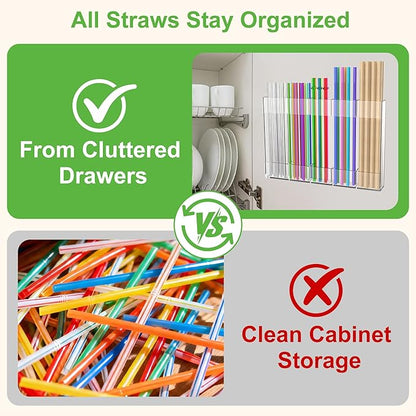9.4” Large Acrylic Straw Holder for Cabinet Door, Reusable Straws Organizer Storage with Ultra Sticky Adhesive & Name Labels, Space-Saving Straw Storage Dispenser for Kitchen Counter Cupboard