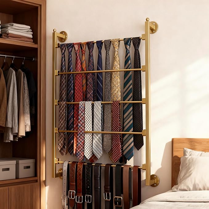 5 Tier Wall Mount Tie Rack Scarf Display Belt Pants Hangers Scarves Hijab Stand, Ribbon Organizer Holder Wrapping Paper Spool Storage Towel Rack for Retail Store,Home,Craft Room,Florist