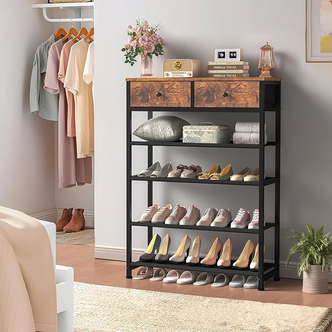 usikey Shoe Rack, 5 Tier Shoe Storage Organizer with 2 Drawers, Metal Shoe Shelf for 12-16 Pairs of Shoes, with 4 Oxford Fabric Shelves and Wooden Top, Shoe Stand for Closet Entryway, Rustic Brown