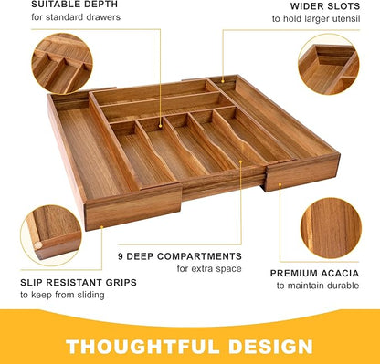 Large Premium Acacia Silverware Organizer - Expandable Drawer Organizer & Utensil Organizer - 17"x19.7" Cutlery Tray with Dividers for Kitchen Utensils and Flatware (7-9 Slots) Acacia