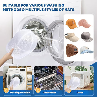 Upgraded Hat Washer Cage with Protective Mesh Bag, Durable Hats Cleaner for Caps, Hat Cleaner for Baseball Caps - Reusable, Fixed Holder, Prevents Deformation, Fits Most Hats, Pure White 2P