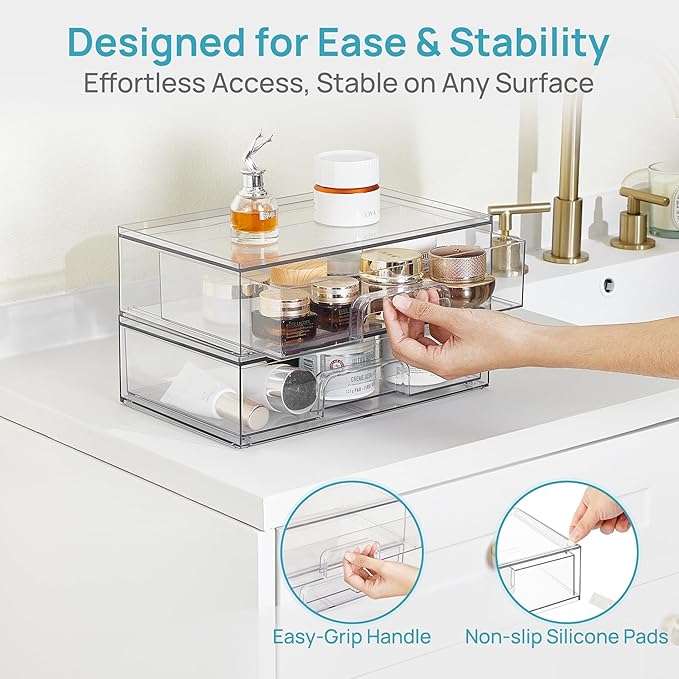 Vtopmart 12.1''W Clear Stackable Storage Drawers,4 Pack Acrylic Plastic Organizers Bins for Makeup Palettes, Cosmetics, and Beauty Supplies,Ideal for Vanity, Bathroom,Cabinet,Desk Organization