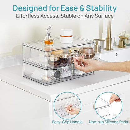 Vtopmart 12.1''W Clear Stackable Storage Drawers,2 Pack Acrylic Plastic Organizers Bins for Makeup Palettes, Cosmetics, and Beauty Supplies,Ideal for Vanity, Bathroom,Cabinet,Desk Organization