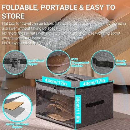 FAYYGYH Cowboy Hat Box 2Pcs Square Caps Case Bin with Handles Carry Collapsible Stackable for Travel Closet Organizers and Storage (Grey)