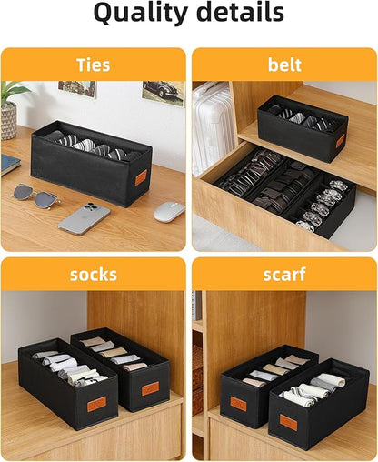4 PCS Belt Organizer for Closet, 6 Grids Belt Holder, Washable Belt Box, Foldable Tie Organizer for Men, Belt Storage for Drawer (Black, 13.38inch)