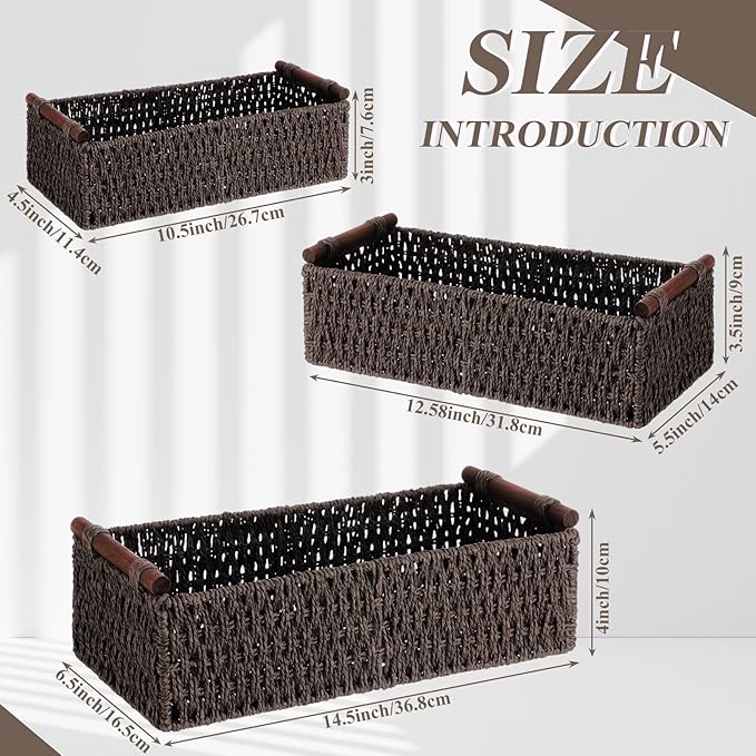 Boao 3 Pcs Boho Storage Wicker Baskets Handmade Woven Decorative Paper Rope Baskets for Organizing with Handle Countertop Toilet Paper Storage Container for Toilet Tank Top(Dark Brown,Rectangle)