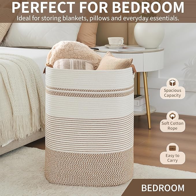 AINUOQI Laundry Basket with Handles - Blanket Basket & Hampers for Bedroom Aesthetic, Laundry Hamper & Blanket Storage for Living Room, Clothes Hamper, Tall, Large 17" x 14" x 22”, Brown & White