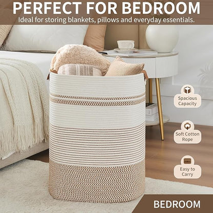 AINUOQI Laundry Basket with Handles - Blanket Basket & Hampers for Bedroom Aesthetic, Laundry Hamper & Blanket Storage for Living Room, Clothes Hamper, Tall, Large 17" x 14" x 22”, Brown & White