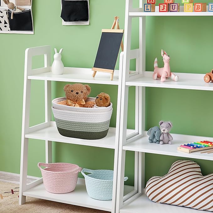 Sawysine 6 Pcs Storage Baskets Bulk for Organizing Cotton Rope Woven Basket with Handles for Gift Cloth Shelves Blanket Toys Living Room(Green and White)