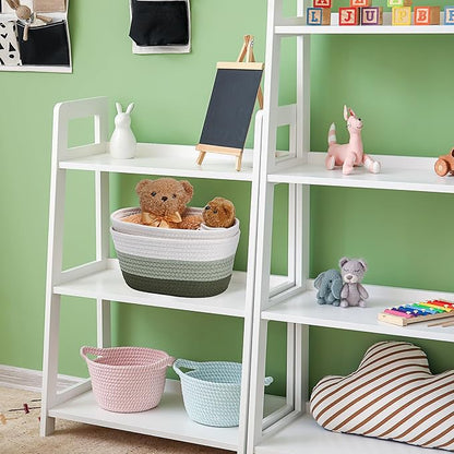 Sawysine 6 Pcs Storage Baskets Bulk for Organizing Cotton Rope Woven Basket with Handles for Gift Cloth Shelves Blanket Toys Living Room(Green and White)