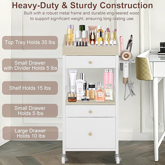 Makeup Organizer Cart with 3 Drawers, Large Cosmetic Organizer with Detachable Hair Tool Holder, Makeup Cabinet Cosmetic Display Cases for Skin Care Perfume Nail Polish, White & Natural