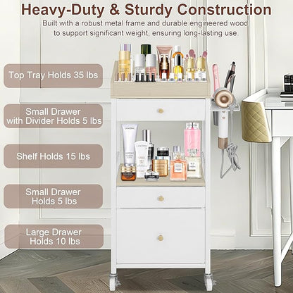 Makeup Organizer Cart with 3 Drawers, Large Cosmetic Organizer with Detachable Hair Tool Holder, Makeup Cabinet Cosmetic Display Cases for Skin Care Perfume Nail Polish, White & Natural