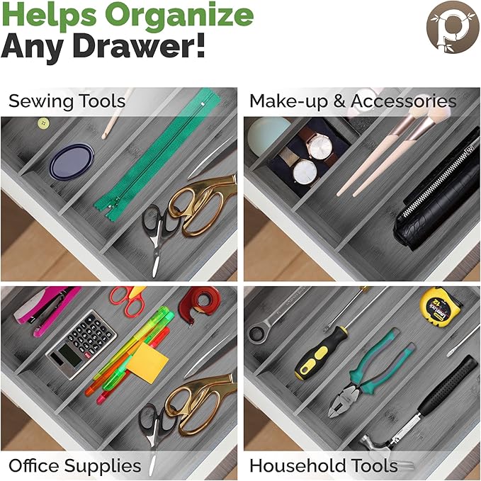 Pristine Bamboo 5-Slot Drawer Organizer - Kitchen and Utensil Organizer - Cutlery Tray - Flatware and Silverware Holder - Gray