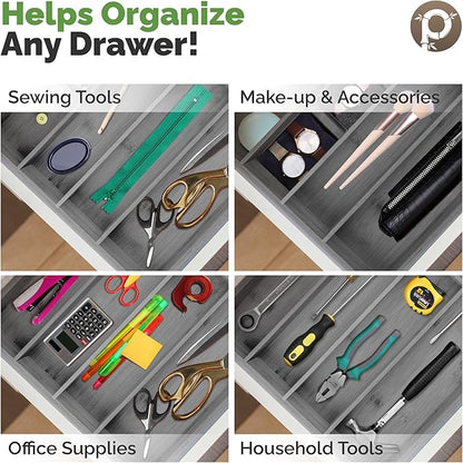 Pristine Bamboo 5-Slot Drawer Organizer - Kitchen and Utensil Organizer - Cutlery Tray - Flatware and Silverware Holder - Gray