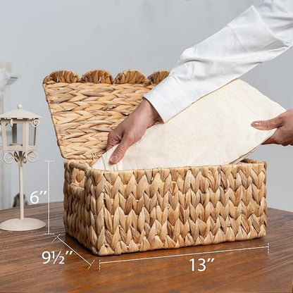 StorageWorks Wicker Basket with Scalloped Edge Lid, Handwoven Water Hyacinth Baskets for Bedroom, Living Room, 13" L x 9 ½" W x 6" H