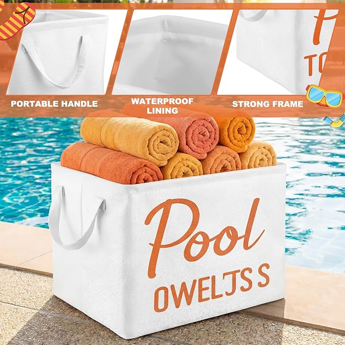 Yungyan Pool Towel Storage Basket Bin and Organizer Large Pool Towel Storage Basket Waterproof Canvas Cube with Handle Beach Gift for Outdoor Summer Seaside Home Clothes Book Toy Organization, Orange