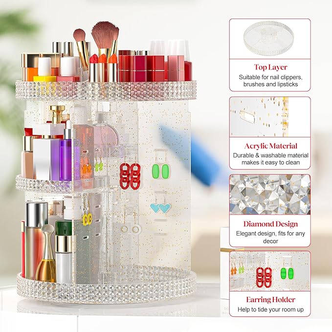 Awenia Makeup Organizer 360-Degree Rotating, Adjustable Makeup Storage, 7 Layers Large Capacity Cosmetic Storage Unit, Fits Different Types of Cosmetics and Accessories, Plus Size with Makeup Bag