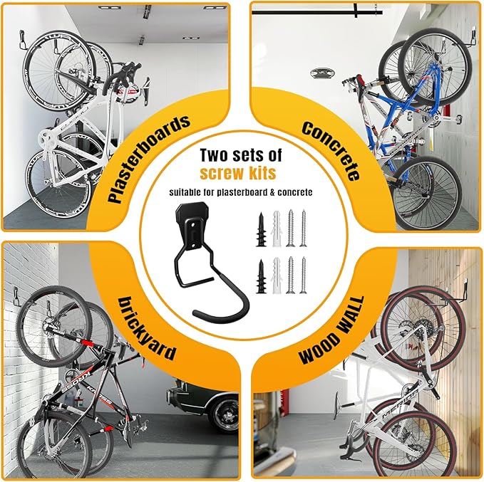 Wallavant Wall Mount Bike Hooks Bike Hooks for Garage Vertical Bike Hanger for Indoor Use Heavy Duty with 8mm Thick Steel Frame 4PCS Storage System Black