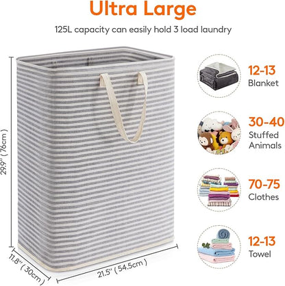 Lifewit 1 Pack Laundry Basket 125L Each, Collapsible Clothes Hamper with Reinforced Handles, Freestanding Waterproof Design for Bedroom and Laundry Room, Grey 125L Total