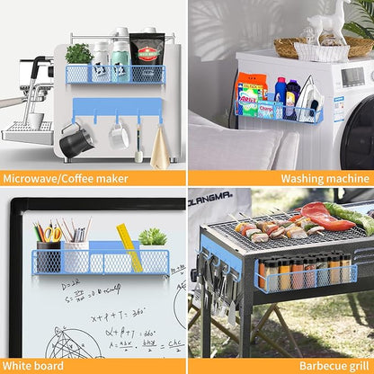 Magnetic Spice Rack for Refrigerator, 7 Pack Metal Magnetic Shelf Blue, Moveable Spice Organizer with Hook Rack, Paper Towel Holder, Kitchenware Holder, Strong Magnetic Storage Fridge Organizer