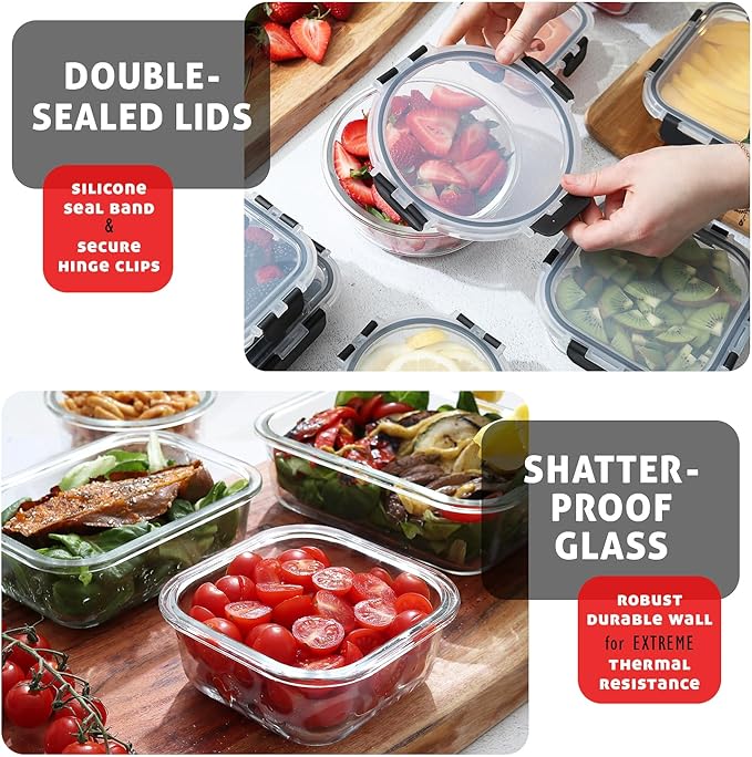 EATEX 48pc Glass Storage Containers with Lids, 24 Glass Food Storage Containers with 24 Airtight Lids for Pantry & Kitchen, Meal Prep Containers for Lunch, Oven Freezer Microwave & Dishwasher Safe