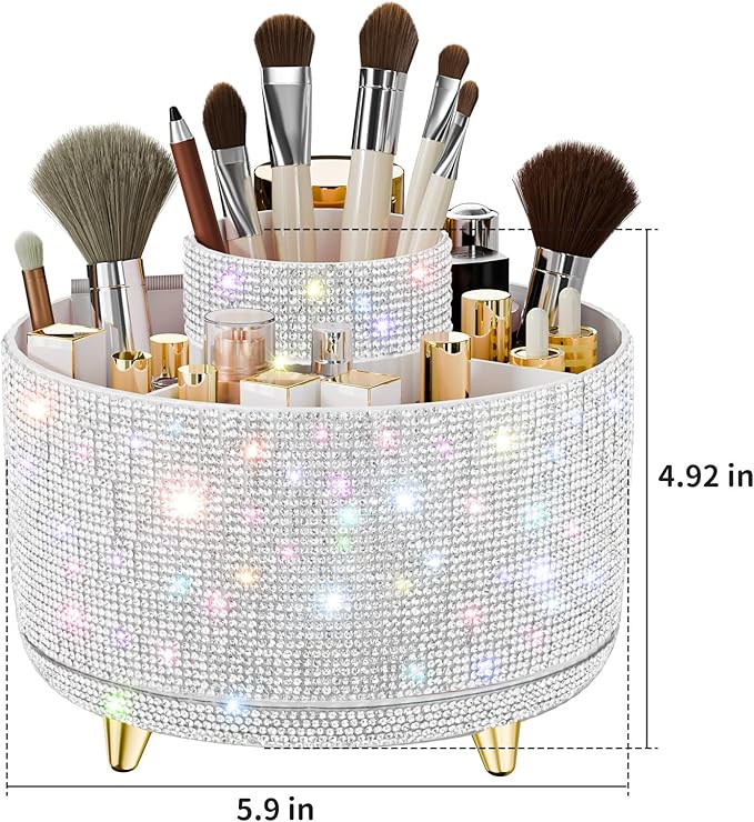 fanado Bling Diamond Makeup Brush Holder, 360° Rotating Makeup Organizer, 5 Slot Make up Brushes Cup for Countertop, Storage for Cosmetics Pen Eyeliner Skincare on the Vanity (Diamond white)