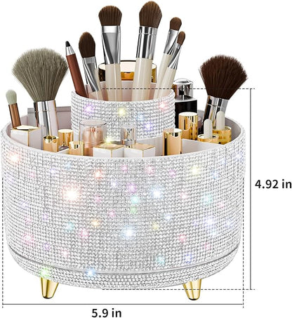 fanado Bling Diamond Makeup Brush Holder, 360° Rotating Makeup Organizer, 5 Slot Make up Brushes Cup for Countertop, Storage for Cosmetics Pen Eyeliner Skincare on the Vanity (Diamond white)