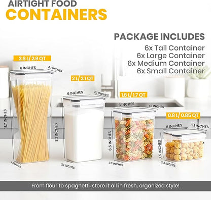 KICHLY Plastic Airtight Food Storage Containers Sets with Lids – 24 Pack BPA-Free Kitchen Pantry Organizers and Storage for Cereal, Flour, Sugar & Dry Food (Clear)